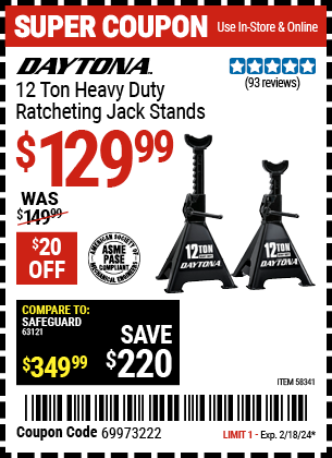 Buy the DAYTONA 12 Ton Heavy Duty Ratcheting Jack Stands, Black (Item 58341) for $129.99, valid through 2/18/2024.