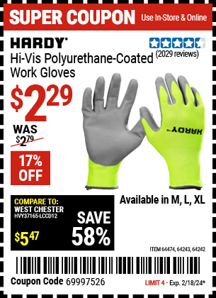 Buy the HARDY Touchscreen Hi-Vis Polyurethane Coated Work Gloves (Item 64242/64243/64474) for $2.29, valid through 2/18/2024.