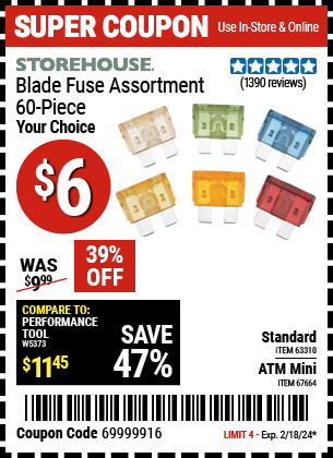 Buy the STOREHOUSE Blade Fuse Assortment 60 Pc. (Item 63310/67664) for $6, valid through 2/18/2024.
