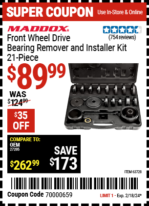 Buy the MADDOX Front Wheel Drive Bearing Remover and Installer Kit 21 Pc. (Item 63728) for $89.99, valid through 2/18/2024.