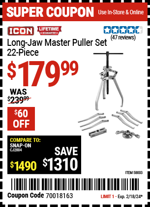 Buy the ICON Long Jaw Master Puller Set – 22 Piece (Item 58003) for $179.99, valid through 2/18/2024.