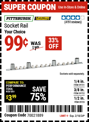 Buy the PITTSBURGH Socket Rail (Item 39721/39722/39723) for $0.99, valid through 2/18/2024.