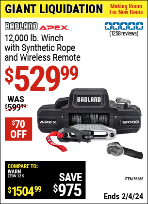 Buy the BADLAND APEX 12000 lb. Winch with Synthetic Rope and Wireless Remote (Item 56385) for $529.99, valid through 2/4/2024.