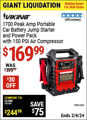 Buy the VIKING 1700 Peak Amp Portable Jump Starter And Power Pack With 250 PSI Air Compressor (Item 57085) for $169.99, valid through 2/4/2024.