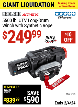 Buy the BADLAND APEX 5500 lb. UTV Long Drum Winch with Synthetic Rope (Item 57535) for $249.99, valid through 2/4/2024.