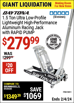 Buy the DAYTONA 1.5 ton Ultra Low Profile High Performance Aluminum Racing Jack with RAPID PUMP (Item 58811) for $279.99, valid through 2/4/2024.