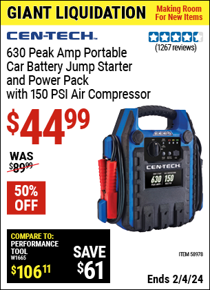 630 Peak Amp Portable Car Battery Jump Starter and Power Pack