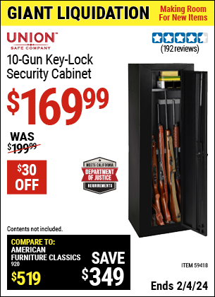 Buy the UNION SAFE COMPANY 10 Gun Key Lock Security Cabinet (Item 59418) for $169.99, valid through 2/4/2024.