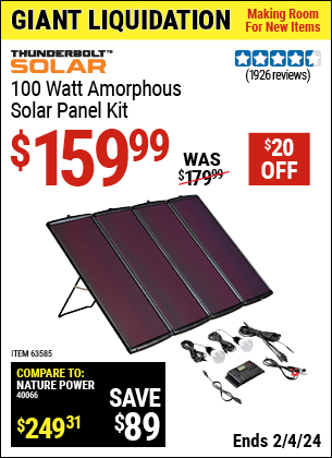 Buy the THUNDERBOLT MAGNUM SOLAR 100 Watt Solar Panel Kit (Item 63585) for $159.99, valid through 2/4/2024.