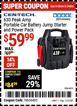 Buy the CEN-TECH 630 Peak Amp Portable Jump Starter and Power Pack (Item 58979) for $59.99, valid through 1/21/2024.