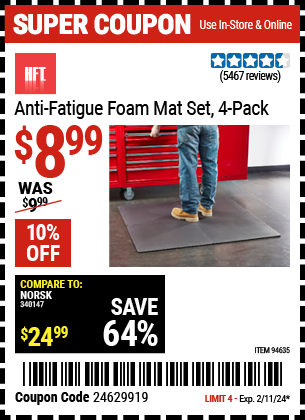 Buy the HFT Anti-Fatigue Foam Mat Set 4 Pc. (Item 94635) for $8.99, valid through 2/11/2024.