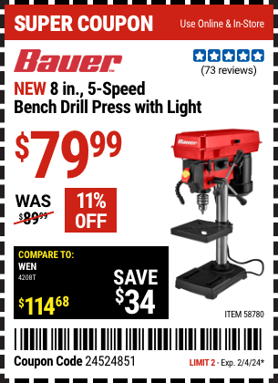 BAUER 8 in., 5-Speed Bench Drill Press with Light for $79.99 – Harbor  Freight Coupons