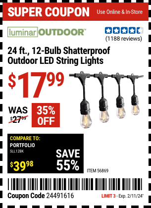 LUMINAR OUTDOOR 24 ft., 12-Bulb Shatterproof Outdoor LED String Lights ...