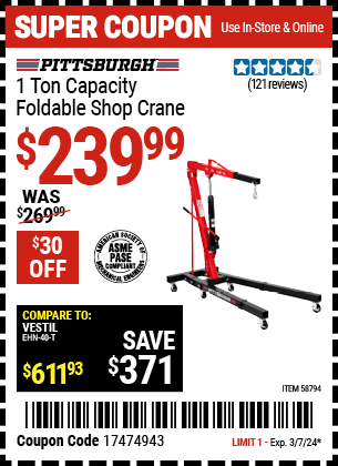 Buy the PITTSBURGH1 Ton Capacity Foldable Shop Crane (Item 58794) for $239.99, valid through 3/7/24.