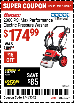 Buy the BAUER 2000 PSI Max Performance Electric Pressure Washer (Item 56877) for $174.99, valid through 3/7/24.