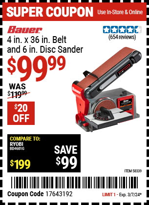 Buy the BAUER 4 in. X 36 in. Belt And 6 in. Disc Sander (Item 58339) for $99.99, valid through 3/7/24.