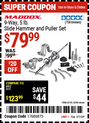 Buy the MADDOX 9 Way 5 lb. Slide Hammer Puller Set (Item 56505/63729) for $79.99, valid through 3/7/24.