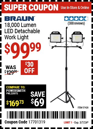 Buy the BRAUN 18-000 Lumen LED Detachable Work Light (Item 57428) for $99.99, valid through 3/7/24.