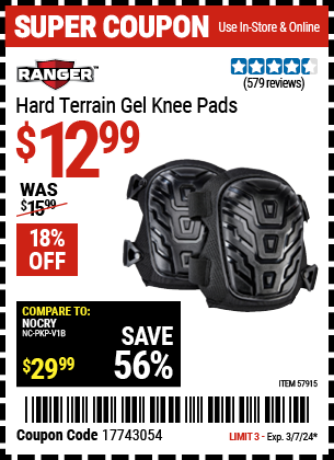 Buy the RANGER Hard Terrain Gel Knee Pads (Item 57915) for $12.99, valid through 3/7/24.