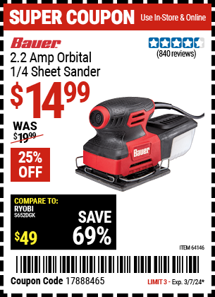 Buy the BAUER 2.2 Amp 1/4 Sheet Heavy Duty Palm Finishing Sander (Item 64146) for $14.99, valid through 3/7/24.