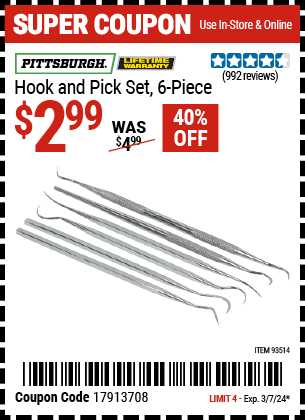Buy the PITTSBURGH Hook & Pick Set 6 Pc. (Item 93514) for $2.99, valid through 3/7/24.