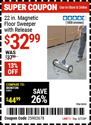 Buy the 22 in. Magnetic Floor Sweeper with Release (Item 98399) for $32.99, valid through 3/7/24.