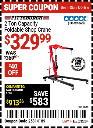 Buy the PITTSBURGH 2 Ton-Capacity Foldable Shop Crane (Item 58755) for $329.99, valid through 2/25/24.