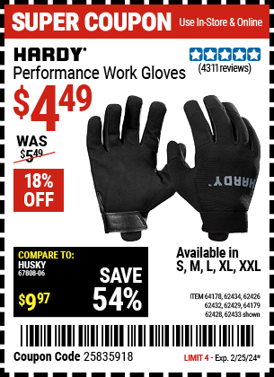 Buy the HARDY Mechanics Gloves (Item 62433/62428/62432/62429/62434/62426/64178/64179) for $4.49, valid through 2/25/24.