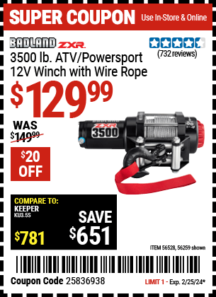 Buy the BADLAND ZXR 3500 lb. ATV/Powersport 12v Winch With Wire Rope (Item 56259/56528) for $129.99, valid through 2/25/24.