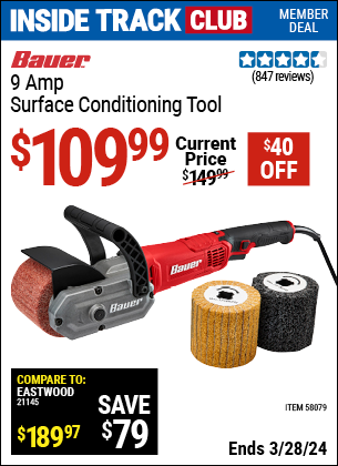 Inside Track Club members can buy the BAUER 9 Amp Surface Conditioning Tool (Item 58079) for $109.99, valid through 3/28/2024.