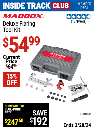 Inside Track Club members can buy the MADDOX Deluxe Brake Flaring Tool Kit (Item 58147) for $54.99, valid through 3/28/2024.