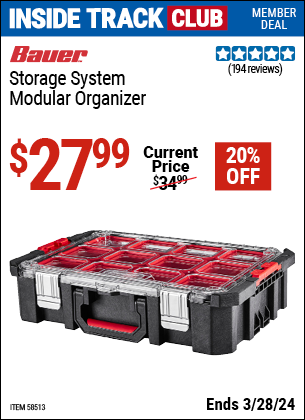 Inside Track Club members can buy the BAUER Storage System Modular Organizer (Item 58513) for $27.99, valid through 3/28/2024.