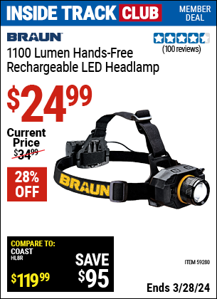 Inside Track Club members can buy the BRAUN 1100 Lumen Hands-Free Rechargeable LED Headlamp (Item 59280) for $24.99, valid through 3/28/2024.