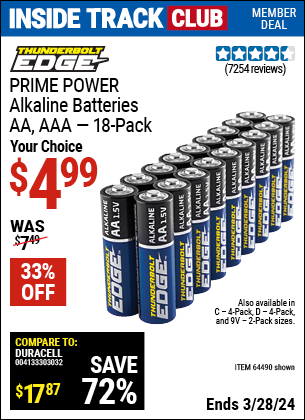 Inside Track Club members can buy the THUNDERBOLT EDGE Alkaline Batteries (Item 64490/64492/64490/64491/64493) for $4.99, valid through 3/28/2024.