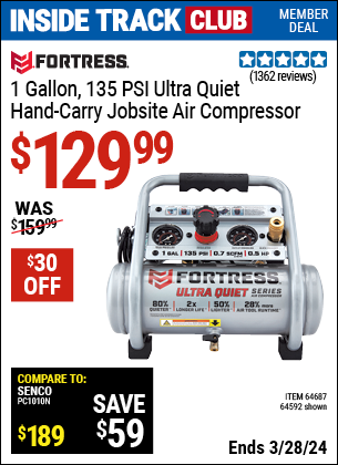 Inside Track Club members can buy the FORTRESS 1 Gallon, 135 PSI Ultra Quiet Hand-Carry Jobsite Air Compressor (Item 64592/64687) for $129.99, valid through 3/28/2024.