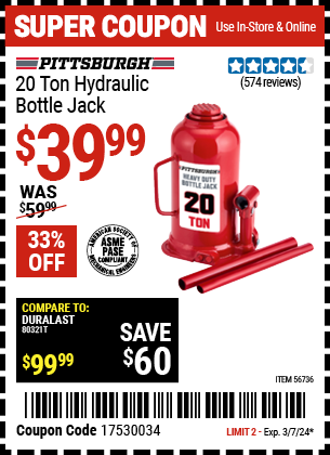 Buy the PITTSBURGH 20 Ton Hydraulic Bottle Jack (Item 56736) for $39.99, valid through 3/7/2024.