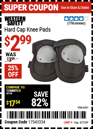 Buy the WESTERN SAFETY Hard Cap Knee Pads (Item 62821) for $2.99, valid through 3/7/2024.