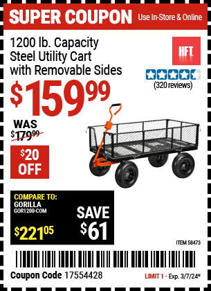 Buy the HFT 1200 lb. Capacity Steel Utility Cart with Removable Sides (Item 58473) for $159.99, valid through 3/7/2024.