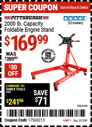 Buy the PITTSBURGH 2000 lb. Capacity Foldable Engine Stand (Item 59200) for $169.99, valid through 3/7/2024.