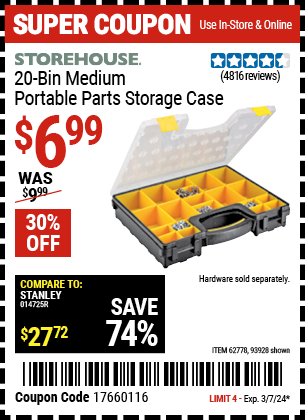 Buy the STOREHOUSE 20-Bin Medium Portable Parts Storage Case (Item 93928/62778) for $6.99, valid through 3/7/2024.