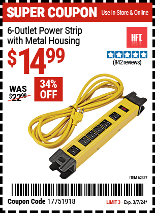 Buy the HFT 6 Outlet Heavy Duty Power Strip with Metal Housing (Item 62437) for $14.99, valid through 3/7/2024.