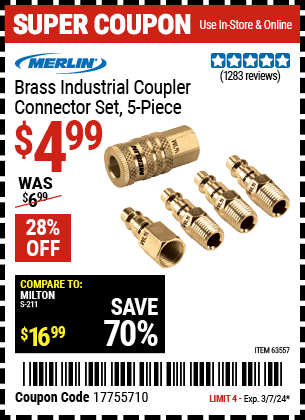 Buy the MERLIN Brass Industrial Coupler Connector Kit 5 Pc. (Item 63557) for $4.99, valid through 3/7/2024.