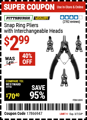Buy the PITTSBURGH Snap Ring Pliers with Interchangeable Heads (Item 63845) for $2.99, valid through 3/7/2024.