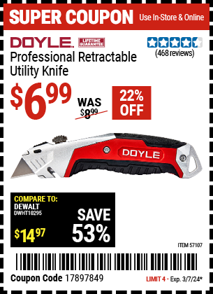 Buy the DOYLE Professional Retractable Utility Knife (Item 57107) for $6.99, valid through 3/7/2024.