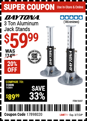 Buy the DAYTONA 3 Ton Aluminum Jack Stands (Item 56687) for $59.99, valid through 3/7/2024.