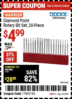 Buy the WARRIOR Diamond Point Rotary Bit Set 20 Pc. (Item 69653) for $4.99, valid through 3/7/2024.