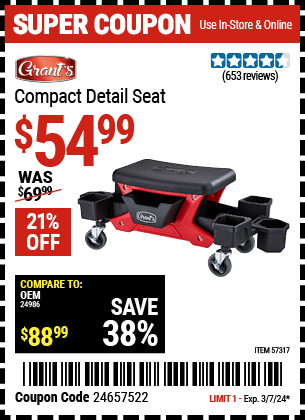Buy the GRANT'S Compact Detail Seat (Item 57317) for $54.99, valid through 3/7/2024.