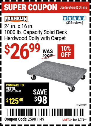 Buy the FRANKLIN 24 in. x 16 in. 1000 lb. Capacity Solid Deck Hardwood Dolly with Carpet (Item 59102) for $26.99, valid through 3/7/2024.