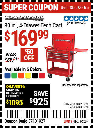 Buy the U.S. GENERAL 30 in., 4-Drawer Tech Cart (Item 64818/56391/56387/56392/56393/56394/64818) for $169.99, valid through 3/7/2024.