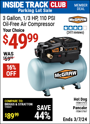 Inside Track Club members can buy the MCGRAW 3 Gallon 1/3 HP 110 PSI Oil-Free Air Compressor (Item 57572/57567) for $49.99, valid through 3/7/2024.